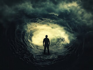 Obraz premium A silhouette of a person standing in turbulent waters, surrounded by dark, swirling clouds and illuminated by a mysterious light.