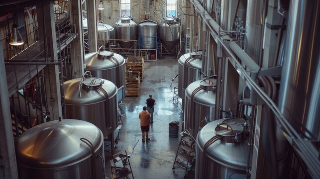Industrial brewery interior with large metal tanks and two workers walking down the aisle amidst shiny brewing equipment.