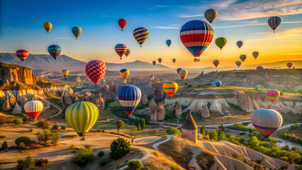 Naklejka premium Colorful hot air balloons floating in the sky during a festival in Cappadocia, Turkey, hot air balloons, festival