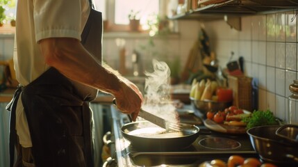 A chef prepares a meal in a sunlit kitchen, with steam rising from a sizzling pan among an array of fresh ingredients.