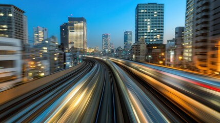 Obraz premium A city street with a train passing through it