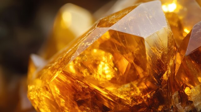 Extreme close-up of a polished topaz gemstone, highlighting its vibrant golden-yellow hues with intricate crystal formations and light reflections.