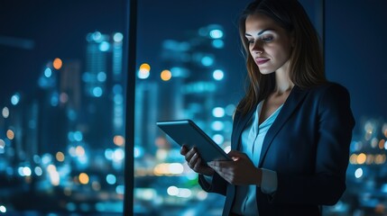Obraz premium A woman in a business suit is looking at a tablet