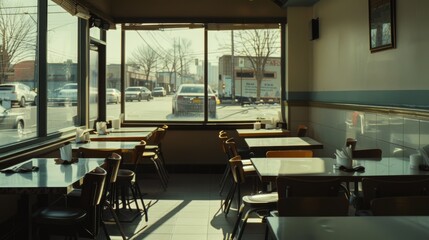 Sunlight fills an empty, tranquil café with shadows dancing on the walls, evoking a peaceful and reflective mood.
