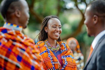Fototapeta premium Corporate Maasai businessmen and businesswoman meeting in a business park, bonding outdoors, colleagues meeting after work , background blur