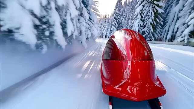 A sleek red bobsled racing down a snowy track surrounded by snow-covered trees.