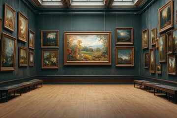 Art Gallery with Paintings and Wooden Benches