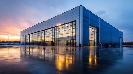 Fototapeta premium Modern industrial warehouse building with glass windows and wet pavement at sunset. Perfect for industrial, logistics, and architectural projects.
