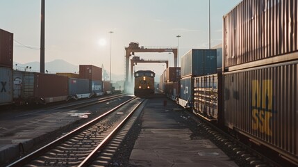 Obraz premium A freight train loaded with containers moves along the tracks at a shipping terminal during sunrise, highlighting the early morning operations.