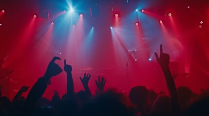 A vibrant concert scene with silhouetted hands raised towards the stage as colorful lights illuminate the enthusiastic crowd.