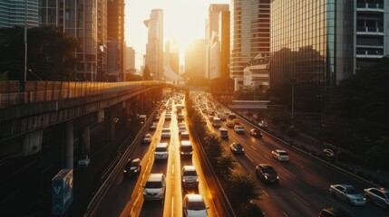 Fototapeta premium Sunsets over the city, illuminating skyscrapers and the busy highway with a golden hue, reflecting the hustle of urban life.