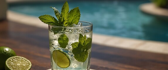 A refreshing mojito cocktail with lime and mint served on a table in a cold glass with ice and fresh green leaves