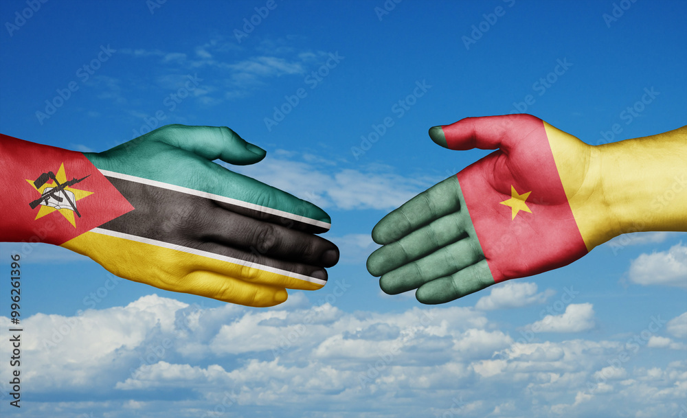 Wall mural Cameroon and Mozambique country handshaking with flags, consensus concept international co-operation illustration