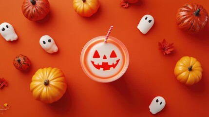 Halloween-themed pumpkin, ghost recipes, flat design, 3D render, Triadic color scheme, spooky and delicious drinks