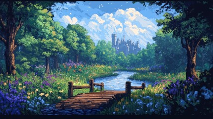Obraz premium A Wooden Bridge Leading to a Distant Castle in a Pixelated Forest