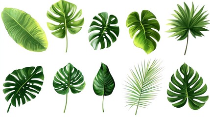 Collection of tropical leaves on a white isolated background.