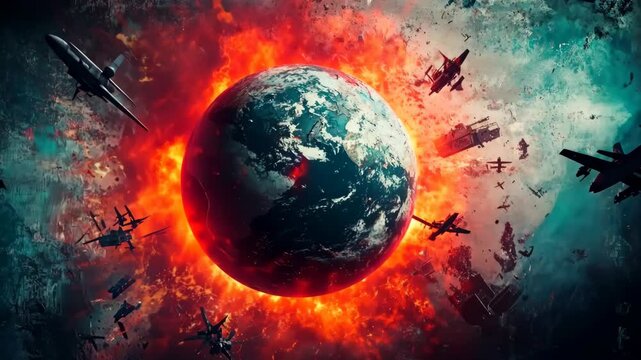 A fiery planet Earth with explosions and airplanes flying around, symbolizing global crisis, conflict, or environmental catastrophe. 4K video