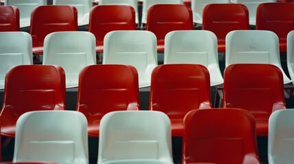 Fototapeta premium Rows of red and white chairs arranged in an empty auditorium, hinting at an awaiting event or gathering.