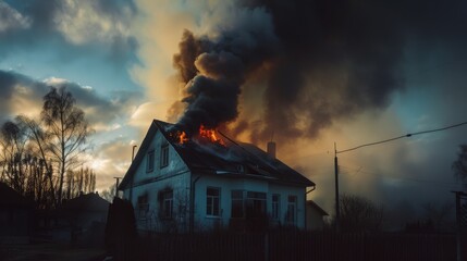 An engulfed house with billowing dark smoke against a twilight sky, evoking a sense of urgency and alarm.