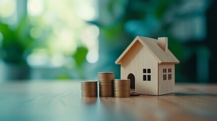 small model house and stacked coins on table and home background, product display, blurred light interior background with bokeh