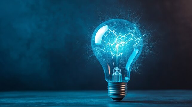 bright static electricity energy and power, blue light bulb and lighting strike