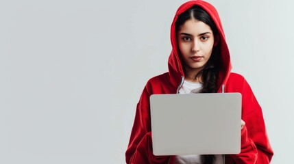 A young woman in a red hoodie confidently holds a laptop, ready to take on a digital challenge with determination and focus, set against a plain background.