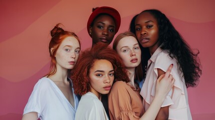 Fototapeta premium Five women stand close together against a pastel pink wall, exuding confidence and solidarity.