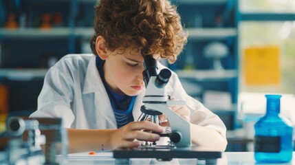 A focused, young scientist peers into a microscope in a vibrant laboratory, embodying curiosity and discovery.