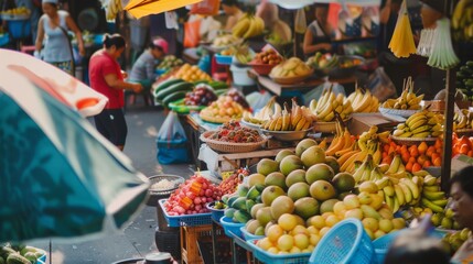 Fototapeta premium A bustling market with a kaleidoscope of fresh fruits and vibrant produce, stands overflowing, capturing the essence of local culture and abundance.