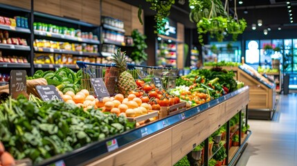Obraz premium A vibrant grocery store showcasing fresh produce, including fruits, vegetables, and herbs, arranged neatly in a wooden display.