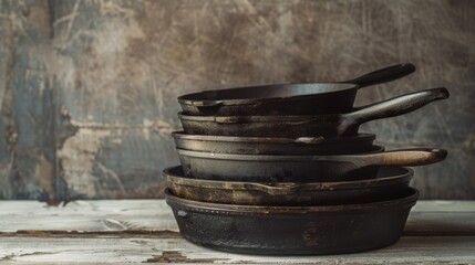 Fototapeta premium A rustic stack of old cast-iron skillets sitting on a weathered wooden surface, evoking a sense of vintage charm.