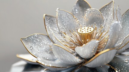 
A close-up of a lotus flower, with water droplets on its petals and leaves.

