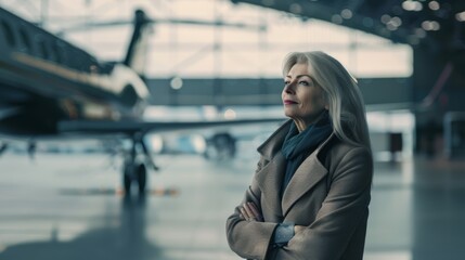 Obraz premium A confident woman with silver hair stands in an aircraft hangar, exuding poise and ambition as she gazes at an airplane with determination.