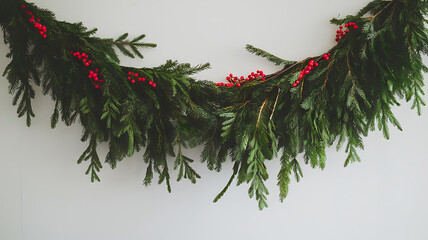 Green garland with red berries, winter holiday decor, festive and cheerful. 
