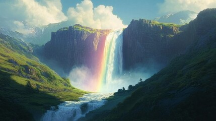 Fototapeta premium A waterfall with a vibrant rainbow arcing across the spray, set against a backdrop of green hills.