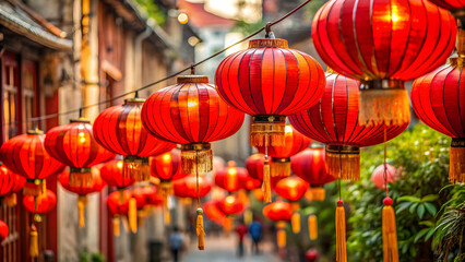 Red Chinese lanterns hanging on the streets of Vietnam during Lunar New Year celebration, Vietnam