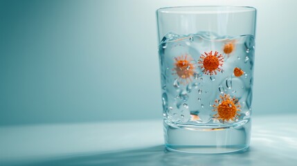 An artistic representation shows a glass of water filled with colorful, orange virus-like particles, suggesting contamination or scientific illustration.