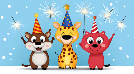 Playful Cartoon Animals Celebrating with Sparklers