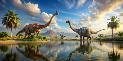 Prehistoric lake with dinosaurs, featuring a Brachiosaurus and triceratops, prehistoric, lake, dinosaurs