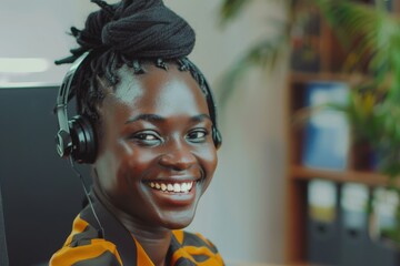 Fototapeta premium An enthusiastic professional, wearing headphones, radiates positivity and engagement in a modern office setting, surrounded by plants and work essentials.