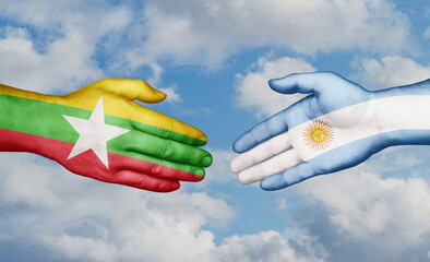 Argentina and Myanmar country handshaking with flags, consensus concept international co-operation illustration