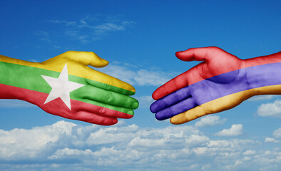 Armenia and Myanmar country handshaking with flags, consensus concept international co-operation illustration