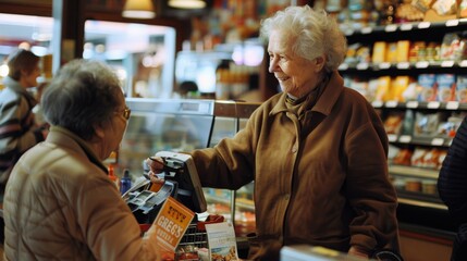 Elderly women sharing a kind moment at a grocery store, their smiles capturing the warmth and companionship of everyday interactions.