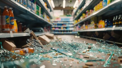 Obraz premium A chaotic supermarket aisle with shattered glass and scattered items, indicating an accident or disruption among neatly stacked shelves.