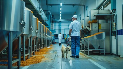 A factory worker with a dog walking through a clean, organized industrial plant, suggesting dedication and companionship.