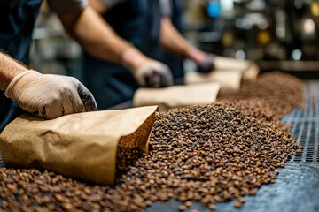 Coffee Beans Being Sorted by Workers in a Factory