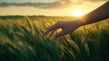 A hand reaching into a field of tall grass