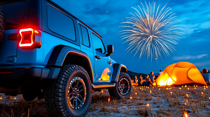 Obraz premium Friends Camping Under the Stars with Fireworks Display