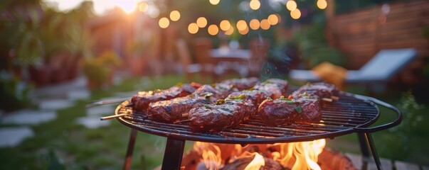 A close-up of grilled steaks sizzling over an open flame, with twinkling lights in the background creating a warm outdoor atmosphere.