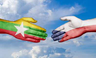 Czech Republic and Myanmar country handshaking with flags, consensus concept international co-operation illustration